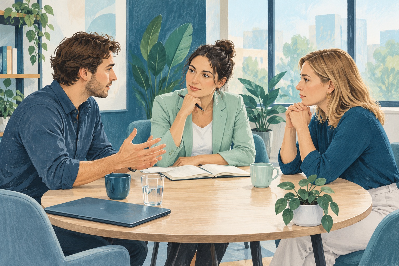Illustration: Zwei Teammitglieder klären mit einer moderierenden Person ihre Zusammenarbeit
